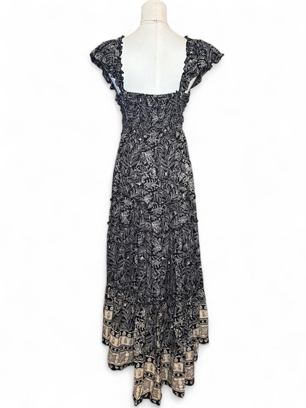 Angie Black & White Floral Printed V-Neck Maxi Dress Cottagecore Boho Festival - Picture 2 of 4